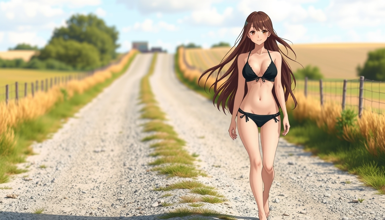 Anime style, a beautiful brunette girl with long hair wearing a black bikini walking on a gravel country road, barefoot, smiling, model body type. - Image