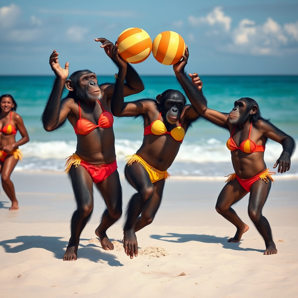 Photorealistic image of chimpanzees in bikinis, playing volleyball on a beach.