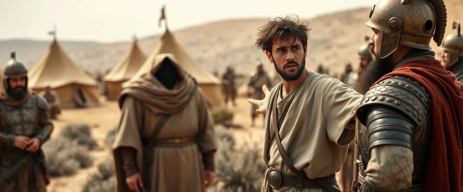 Create a scene of two men standing apart and arguing while four soldiers gather next to the man on the left. The man on the right is dressed in a simple shepherd's tunic, is a young Jewish man, his arms are stretched out to the sides, he looks shocked, has dark messy unkempt hair, a beard, and is looking sternly at the left eye of the other man. The man on the left is a middle-aged Jew, has a Jewish black beard, and is wearing a full suit of biblical-era leather lamellar armor and a brass conical helmet with a pointed tip. This man is looking at the young man on the right. In the background are Arabic army tents pitched on a desert shrub land. The overall mood of the image is one of anxiety and concern. - Image