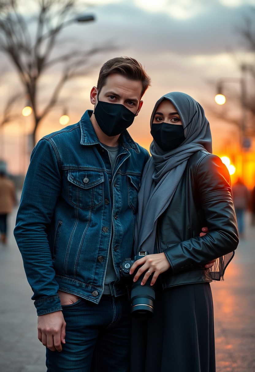 Jamie Dornan's head and body shot, handsome, black face mask, denim jacket, jeans, dating, love couple, with the biggest grey hijab Muslim girl, black face mask, beautiful eyes, black leather jacket, biggest skirt, holding a DSLR camera canon, sunset, hyper-realistic, street photography. - Image