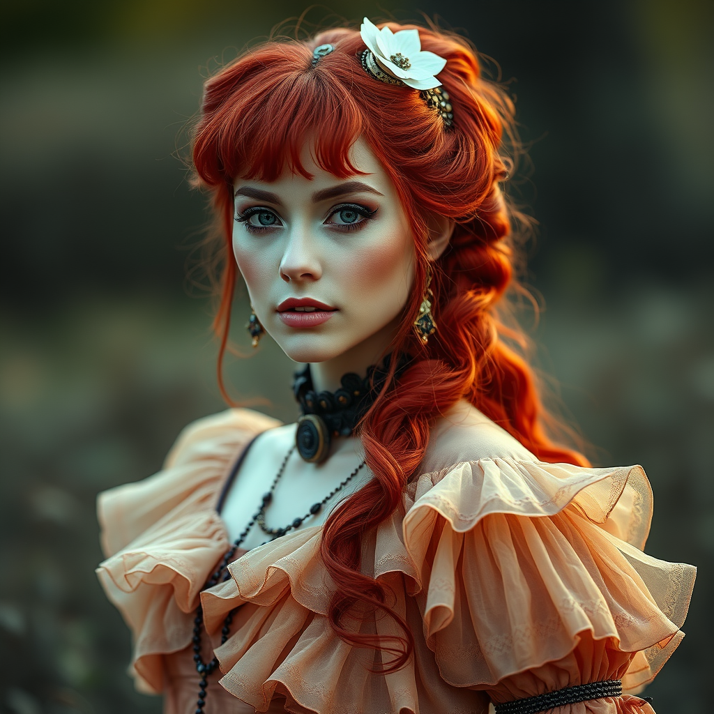 A beautiful redhead female country artist wearing a steampunk-inspired layered gown. She has clean makeup and is captured in vivid colors, embodying the essence of fantasy and a minimalist, fantastical, edgy, and regal themed outfit, with depth of field.