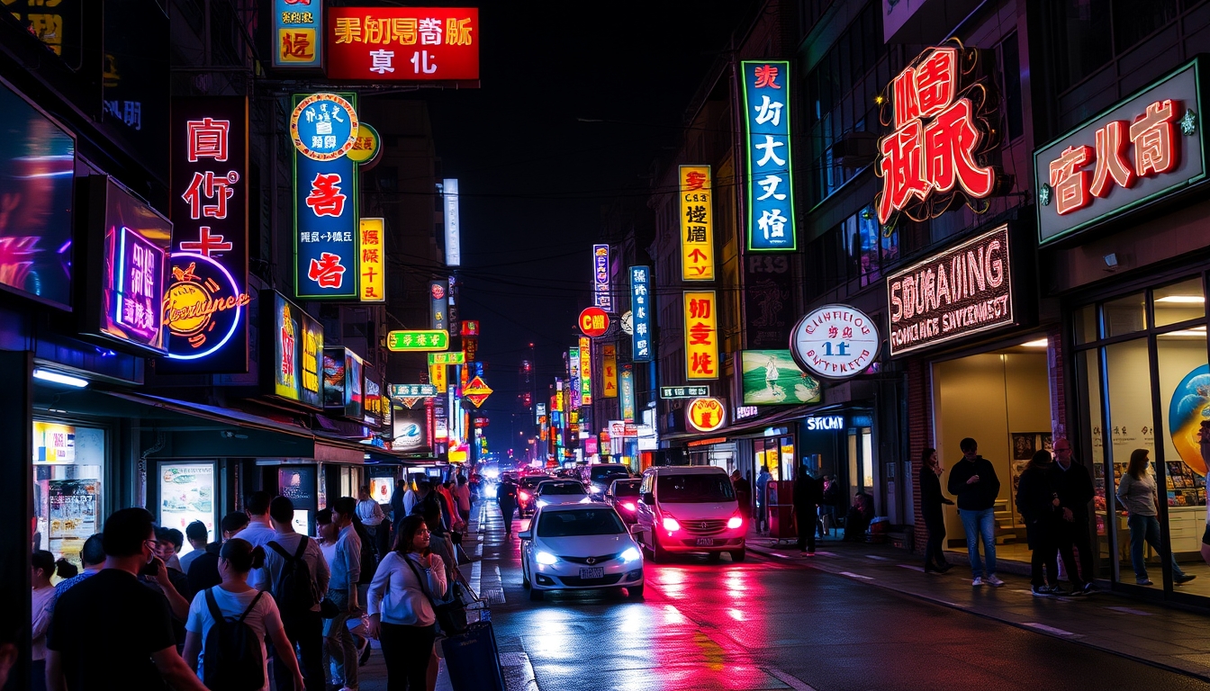 A vibrant street scene at night, with neon signs, bustling crowds, and the glow of city lights reflecting on wet pavement.