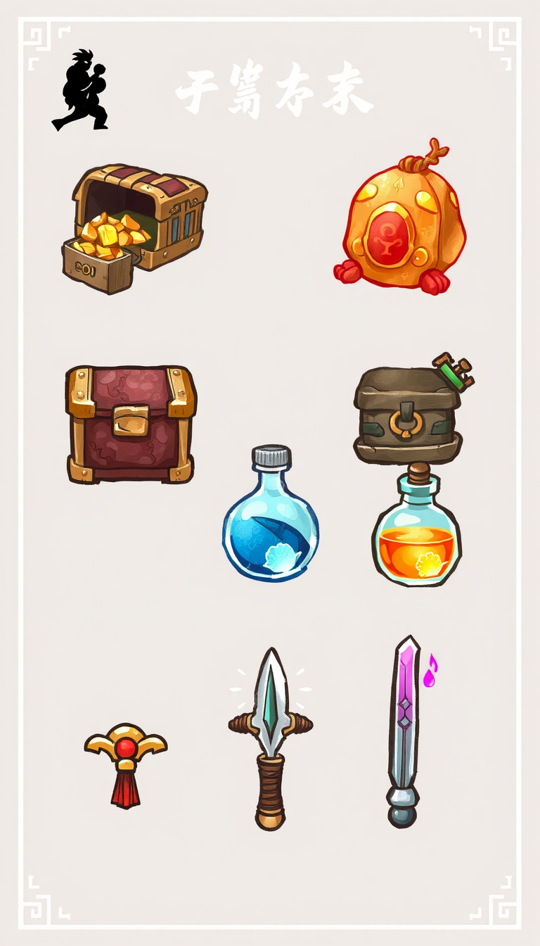 Design a set of game feature icons that blend Chinese ancient style with realism, ensuring the icons are clear and detailed in 8K resolution. Use a colorful ink wash painting style with detailed coloring, hand-drawn bold outlines, and a cute graphic novel aesthetic. Include icons for treasure chest, backpack, potion bottle, elixir, and sword.