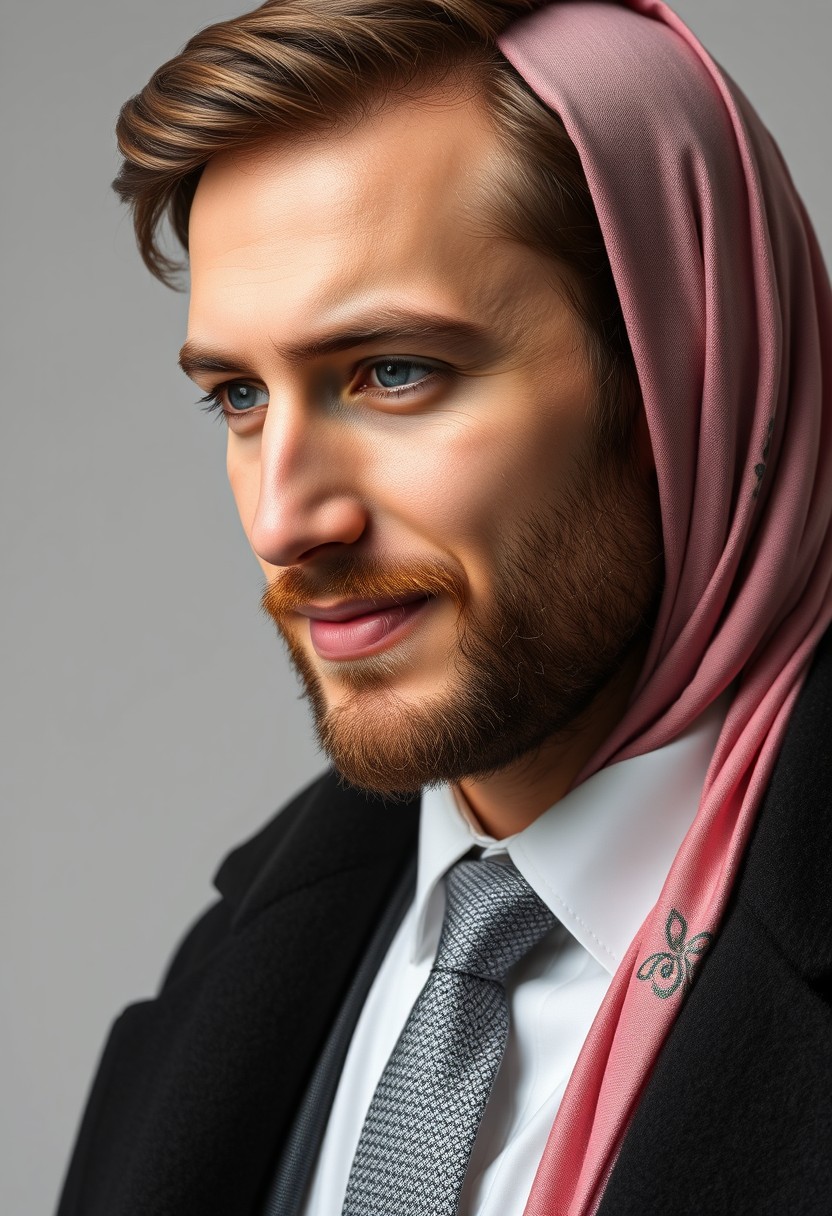 Jamie Dornan's head and body shot, handsome, young, shy smile, white shirt half buttoned, grey patterned tie, black coat suit, dating love with the biggest soft pink hijab girl, beautiful eyes, black face mask, biggest floral jubba, hyper-realistic, studio photography.