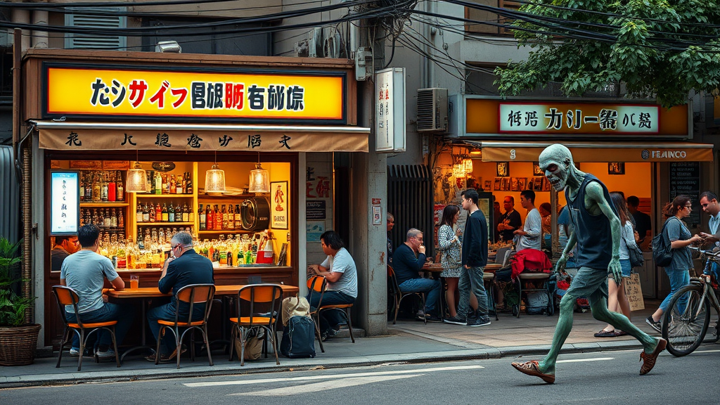 Real-life photography, wide shot: There are two small shops selling alcohol, with tables and chairs set up outside, where many young men and women are drinking and chatting. A zombie (like the zombies from Plants vs. Zombies) walks by. There are Chinese letters or Japanese letters. - Image