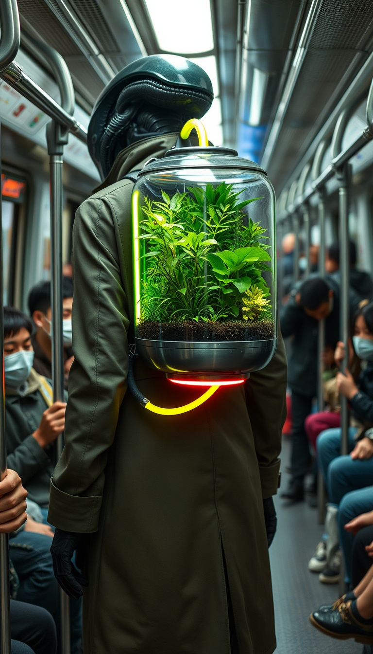 Image of a humanoid xenomorph wearing a long jacket in a crowded subway train, with a transparent, cylindrical backpack terrarium filled with neon lush greenery and small plants. The terrarium has metallic accents and a neon hose connected to it, giving it a futuristic look. The subway is filled with human passengers, many of whom are wearing masks and holding onto the handrails. The setting is busy and urban, highlighting a contrast between the natural elements in the terrarium and the modern, bustling environment. --ar 3:4 --style raw --s 750 --v 6.0