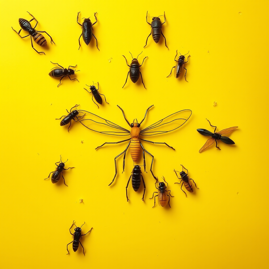 A single line made of insects, yellow background, realistic photograph.