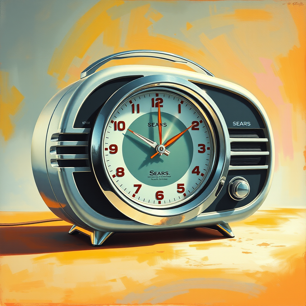 a futuristic Sears clock/radio, a painting by Syd Mead, 4k.