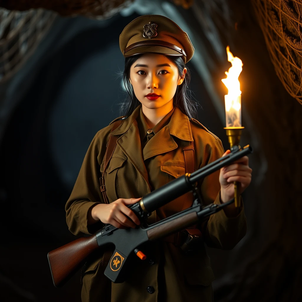 Full body shot, beautiful Korean woman, wearing military attire from Japanese World War II, holding a gun and a torch, in a mine, low light, cinematic lighting, realistic. - Image