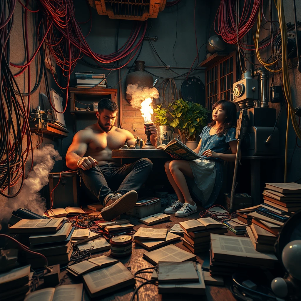 A real-life photograph, wide shot, of a strong guy and a Japanese girl reading books in the corner of a room. The room has some books scattered messily, and many wires of varying thicknesses are on the floor and in the air, including red, blue, yellow, and other colors. Additionally, there are some machines emitting steam and fire. The lighting is dim, and there are some plants. - Image