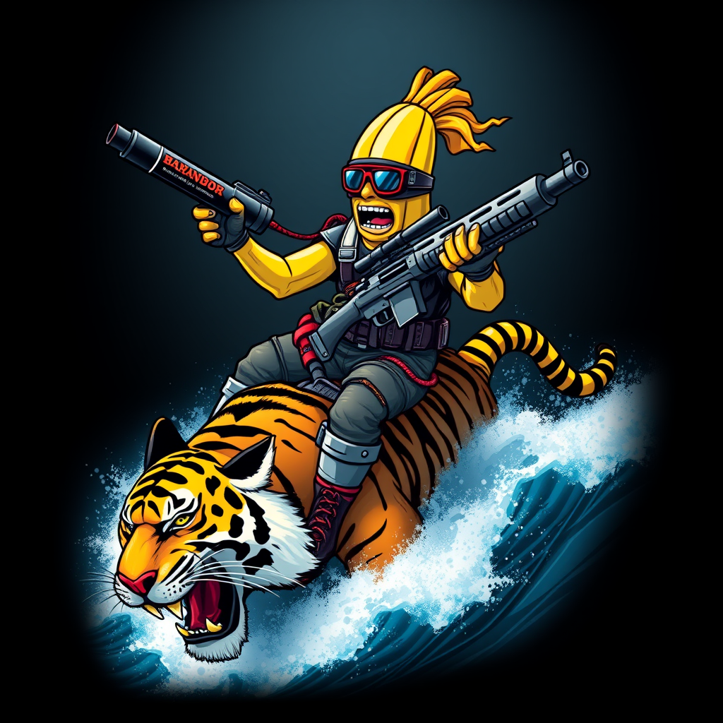 A tee shirt design of a sentient anthropomorphic determined banana man dressed in Rambo gear, carrying a huge rocket launcher with one hand, a huge chain gun in the other hand, while surfing on a Bengal tiger on a huge ocean wave. Epic design. Fading to black around the entire boundary of the image. Vibrant future punk colors.