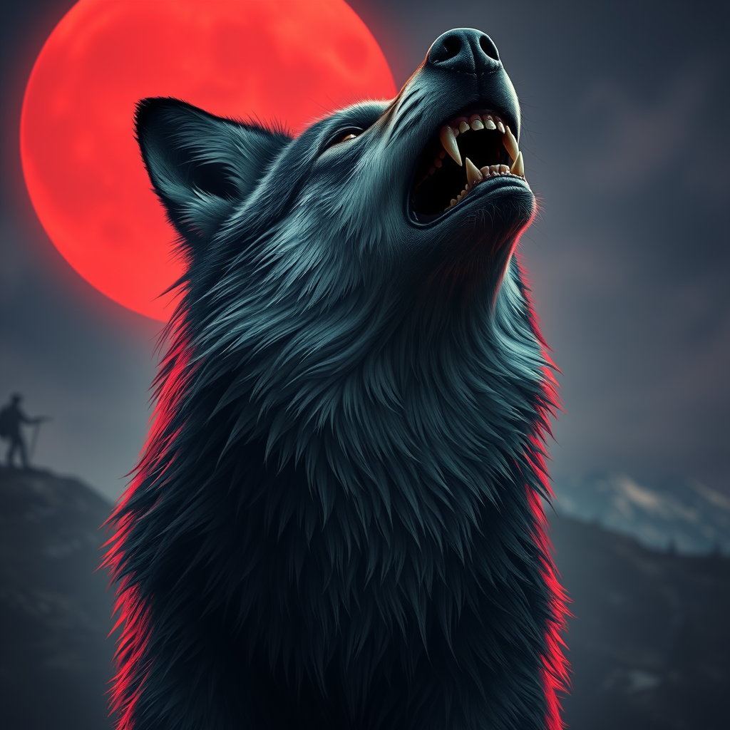 A horror style ultra-realistic image of a wild mountain wolf with sharp teeth howling at the bloody red moon.