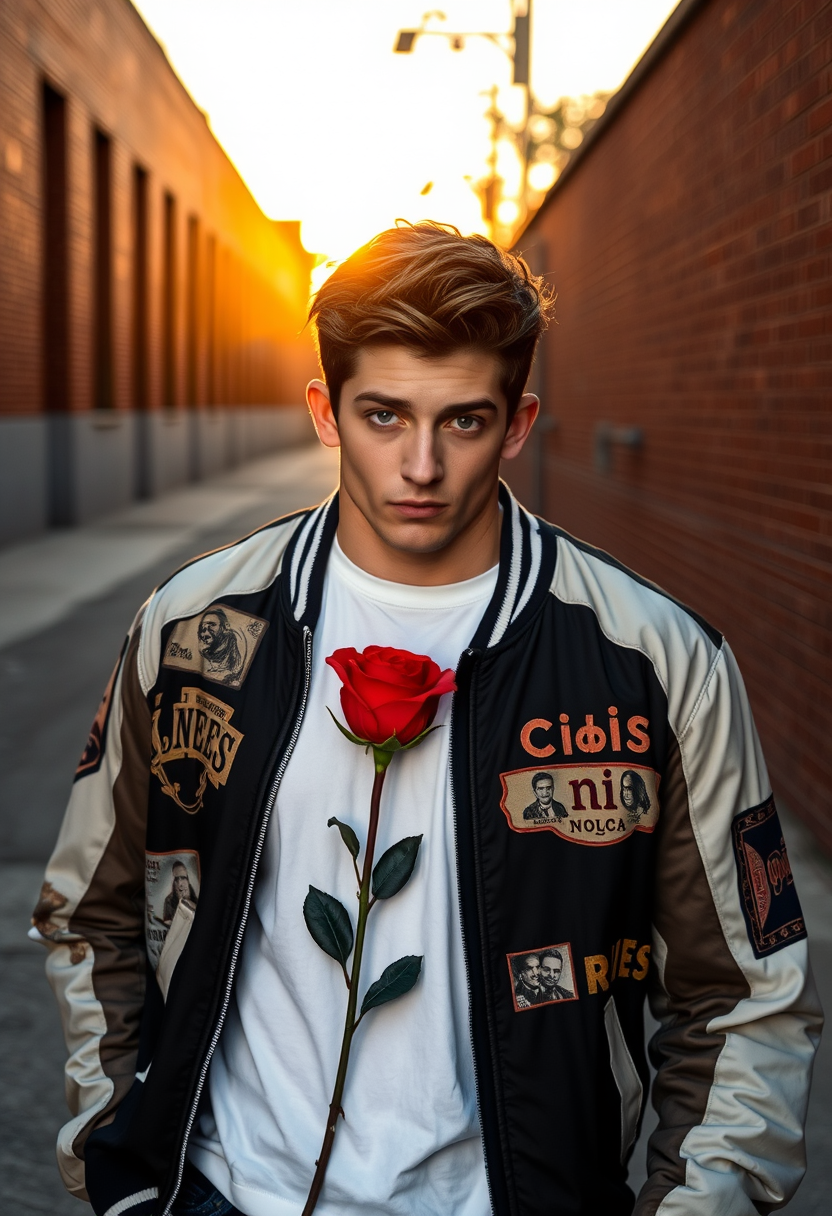 Freddie Prinze head and body shot, handsome, young, serious face, white T-shirt, collage jacket, jeans, sneakers, holding a red rose, hyper-realistic, street photography, brick wall, full body photo, sunrise.