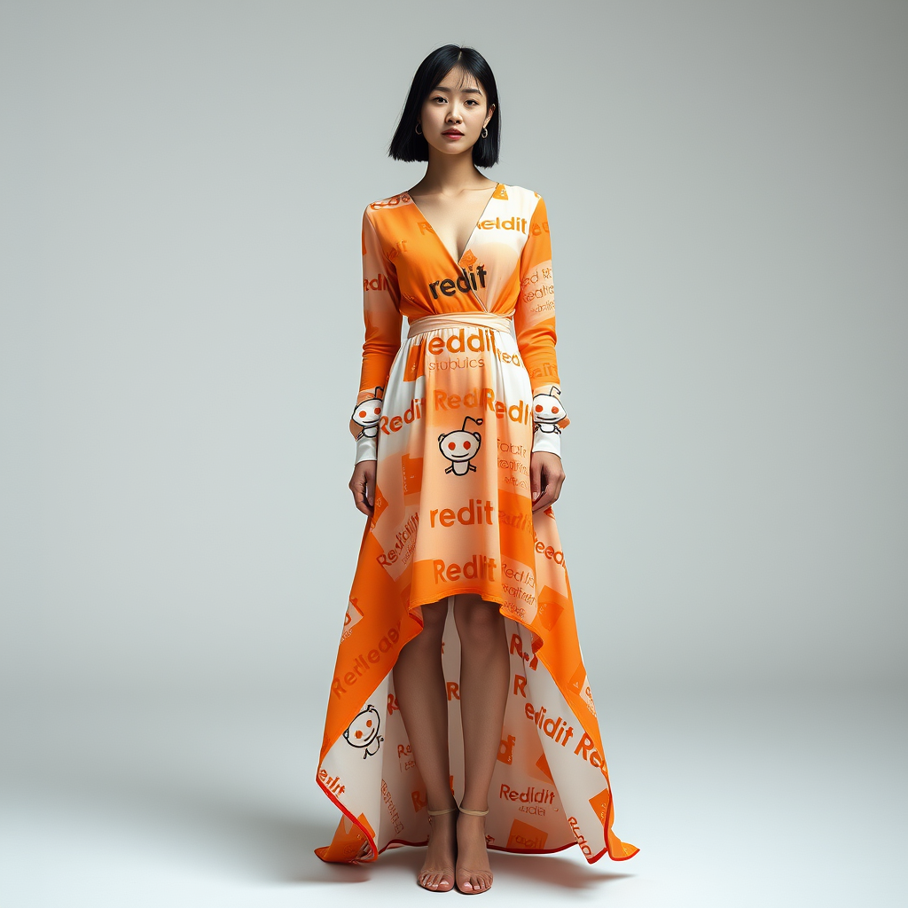 A Japanese model posing in an orange and white, cotton, V-neck, high-low dress, low in the front with a train, long sleeves, featuring Reddit text and logo pattern, shot in the studio, studio shot, high fashion photography, in a photograph by Alasdair Mclellan. - Image