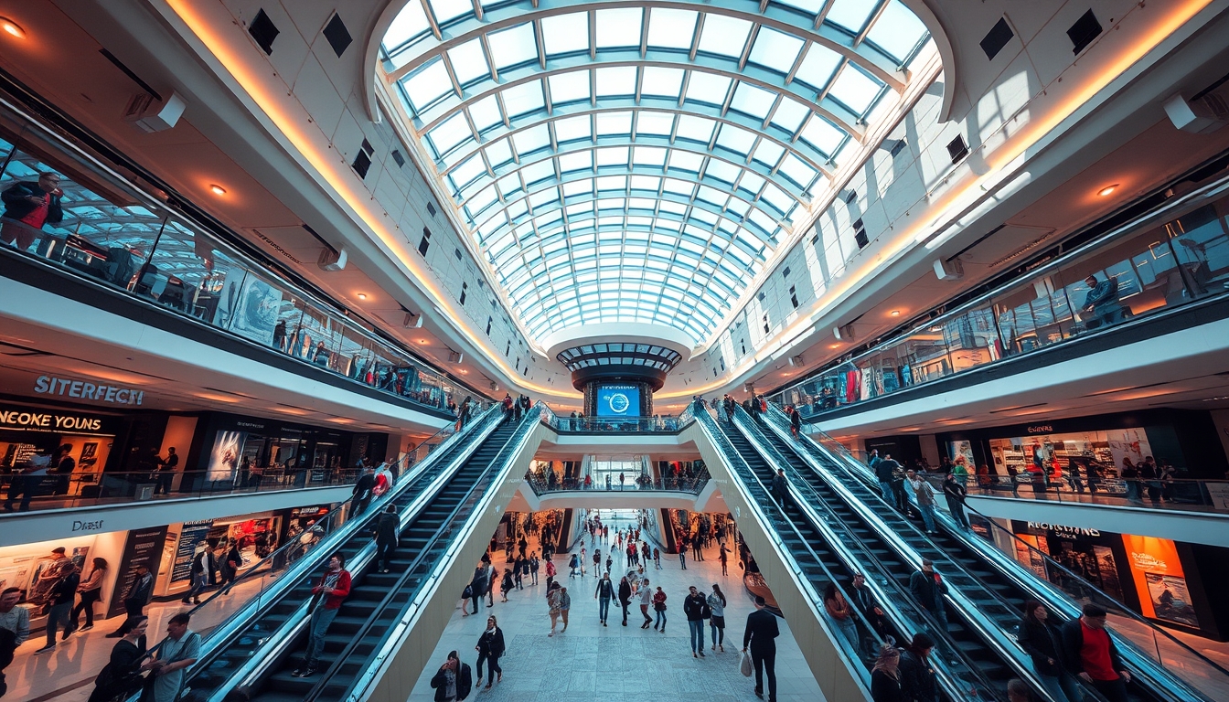 A futuristic shopping mall with glass ceilings and escalators, filled with shoppers. - Image