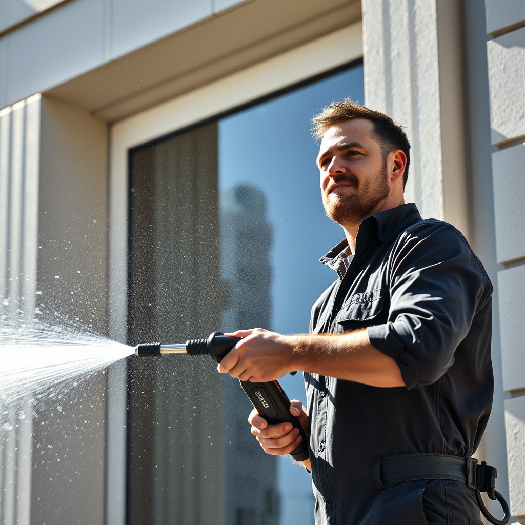 Photorealistic image of a man washing a building facade with a high-pressure washer. The scene should capture the man in action, with water spraying and soap bubbles highlighting the cleanliness of the building. Focus on his concentrated expression, the modern design of the pressure washer, and bright sunlight reflecting off the clean facade.