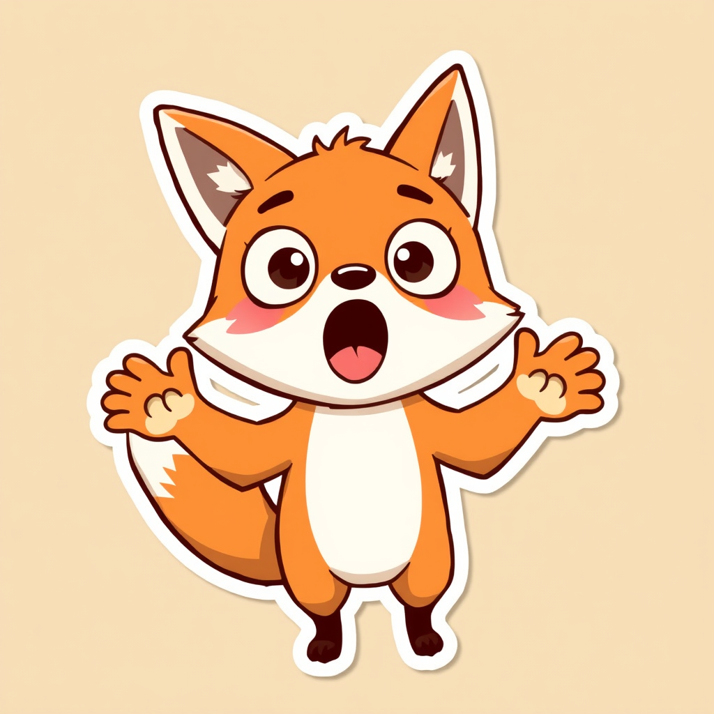 A little fox with wide eyes and an open mouth, standing on its hind legs, with its front paws raised in a surprised gesture. This sticker can be used to express surprise or shock at something unexpected.