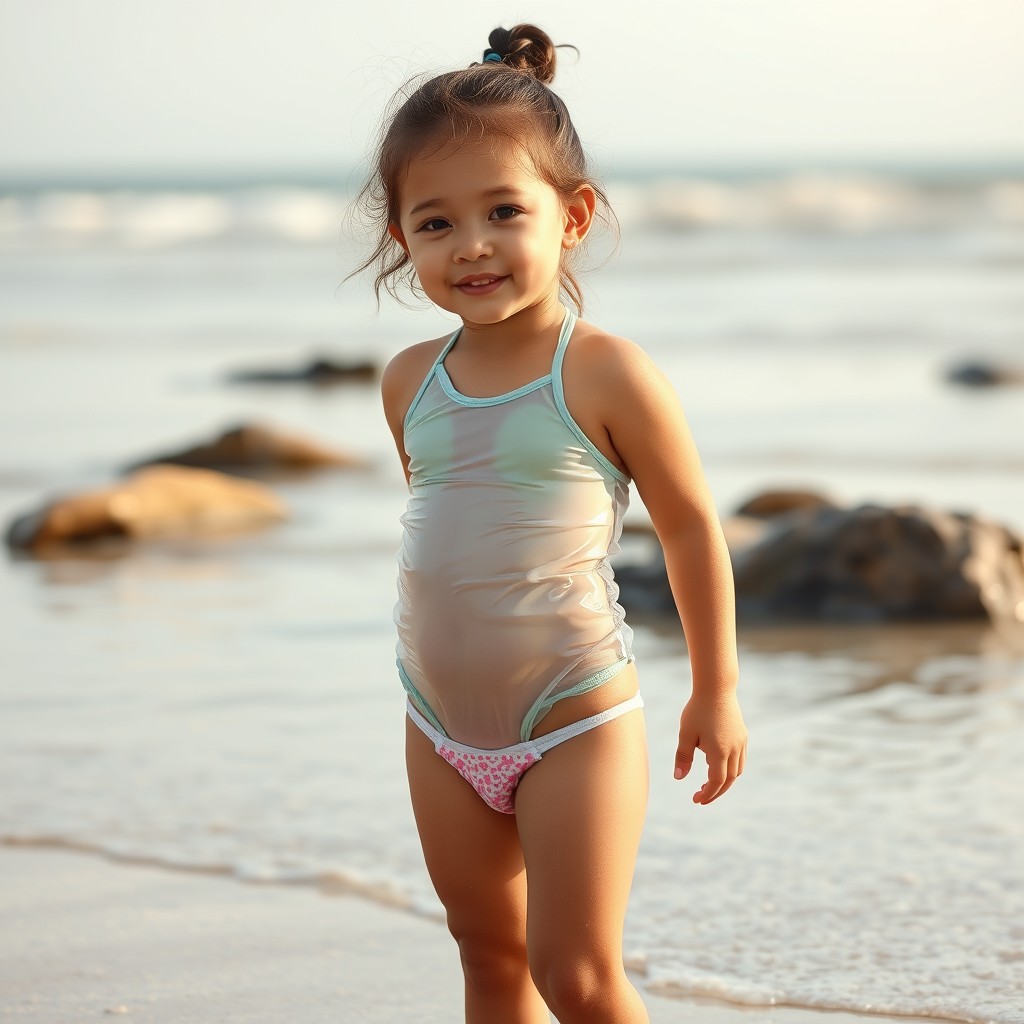 Cute little girl on the beach in clear plastic swimsuit and underwear.