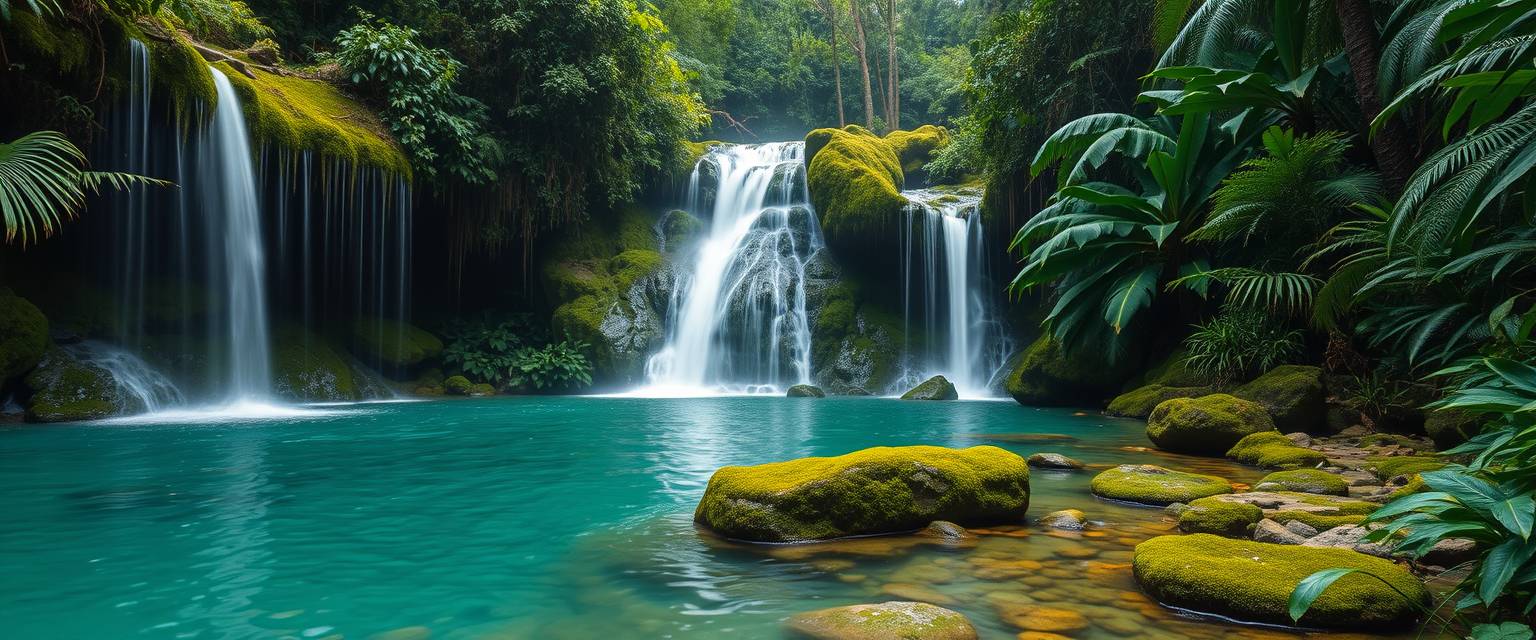 rfall, cascading, clear water, lush greenery, high quality, photorealistic, hidden oasis, serene, rainforest, breathtaking, secluded::0.8 moss-covered rocks, tropical plants, natural pools, jungle trails, mist, - Image