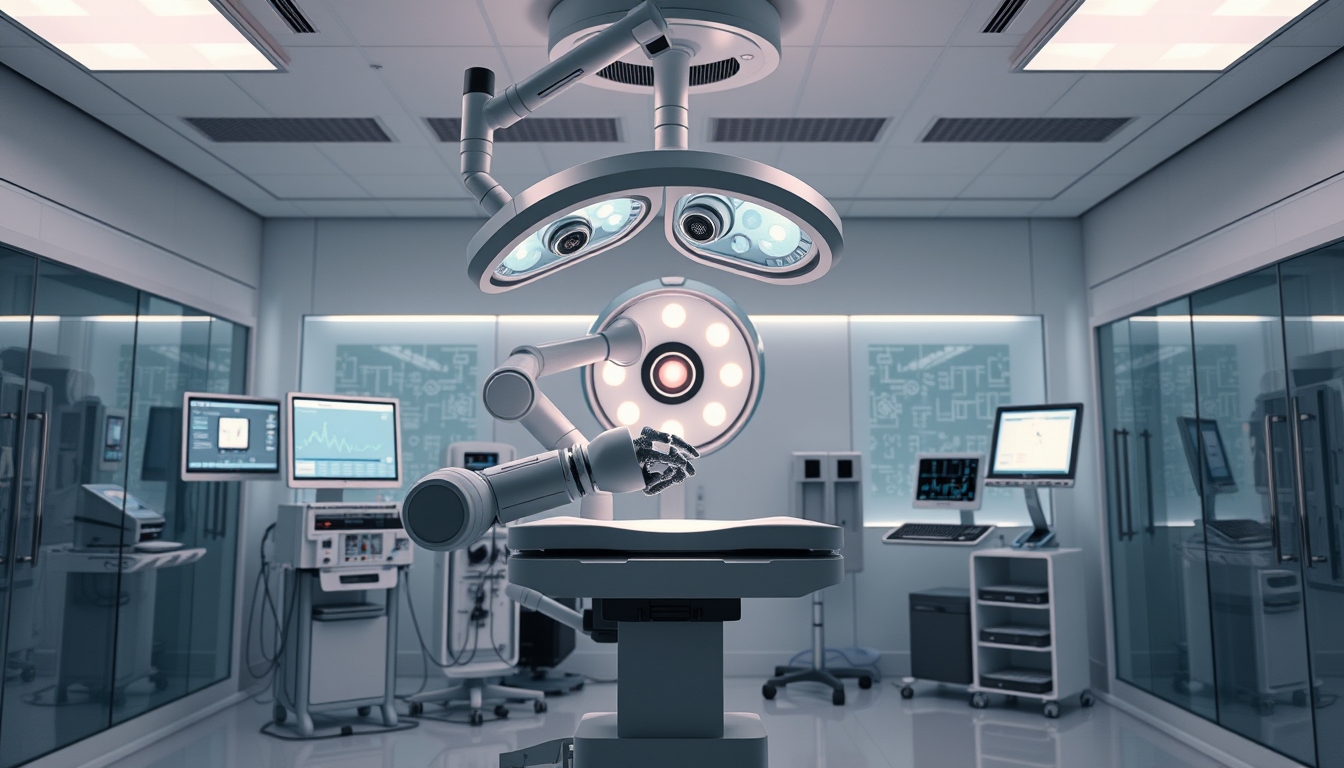 Smart healthcare facility with robotic surgery, depicting tech-driven health.