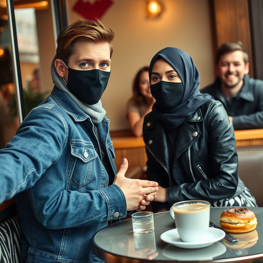 Jamie Dornan's head and body shot, handsome, face mask black, blue jeans jacket, jeans, dating love with a grey hijab Muslim girl, beautiful eyes, face mask black, black leather jacket, biggest zebra pattern skirt, at a cafe, 2 cups of latte, muffin cake, choco donut on a table, with another 3 friends smiling in the back, photorealistic, hyper-realistic, street photography, selfie.