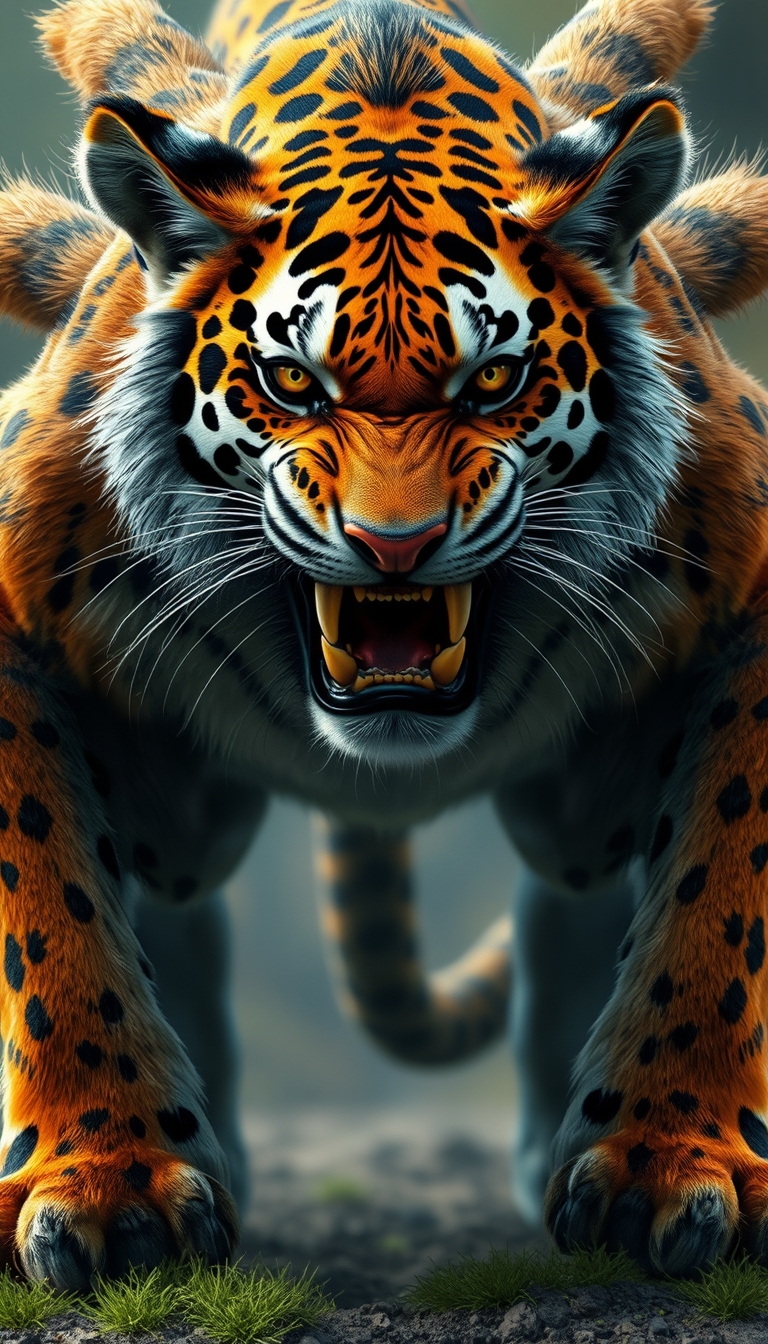 (Ultra realistic) a monster that has a tiger head, leopard body pattern, 5 lion tails. - Image