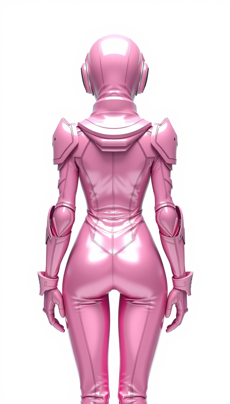 Ultra Detailed Character portrait, A person standing in a three-quarter view, facing forward. Arm position: Hanging naturally at sides, Pink space Armor bodysuit, female, anime style, super glamorous space female pirate, Pink Clothes made of shiny vinyl, Pink space bodysuit, A view from the waist up to the head, The background is a simple white color, cute Feel like a villain, Bizarre suits like space alien designs. - Image