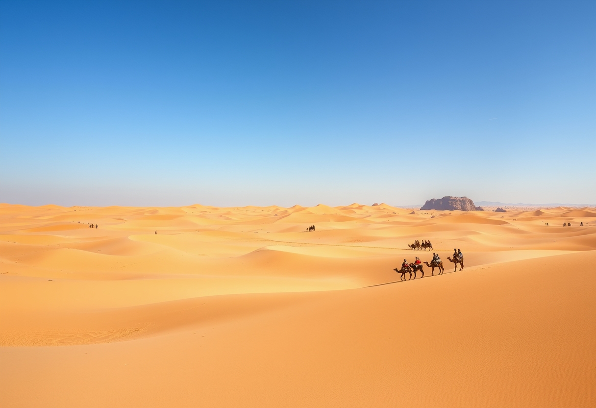 Vast, arid desert, golden sand dunes, endless horizons, high quality, photorealistic, tranquil, remote, camel caravan, nomadic, breathtaking, clear blue sky, oasis, solitude::1.2 cacti, desert flowers, rugged rock formations, starry nights, sandstorms, ancient ruins, dune bashing. - Image