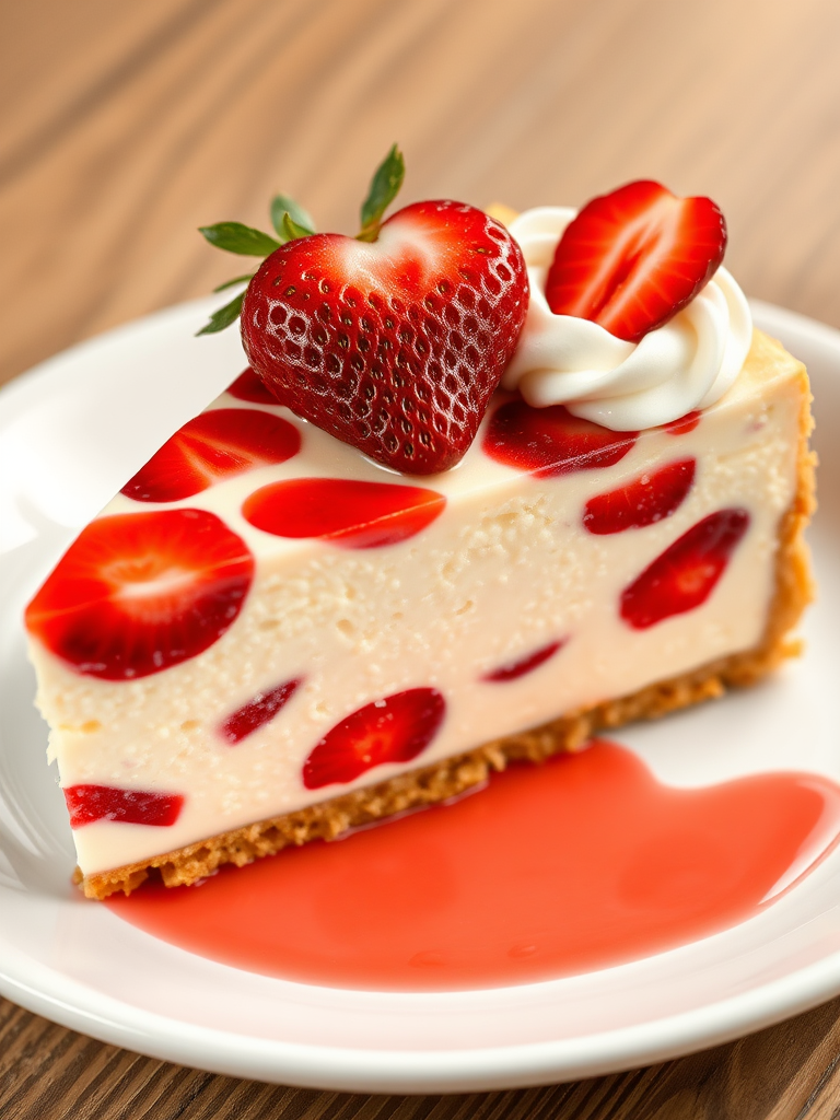 A image presents a visually appealing slice of cheesecake on a white plate. The cake is topped with a rich and creamy layer of strawberry swirls, incorporating deep red patterns mingling artistically with the off-white of the cheesecake. A dollop of whipped cream and a fresh strawberry sliced and shaped like a heart garnish the cake, enhancing its aesthetic appeal. The texture is smooth and the cheesecake has a firm crust that appears crumbly and golden-brown. This dessert is depicted in high resolution, allowing for detailed observation of the strawberry seeds and the light sheen on the whipped cream and strawberry topping, which hints at a juicy freshness. Highly detailed, perfect wide long shot visual masterpiece; wide-angle masterpiece. - Image