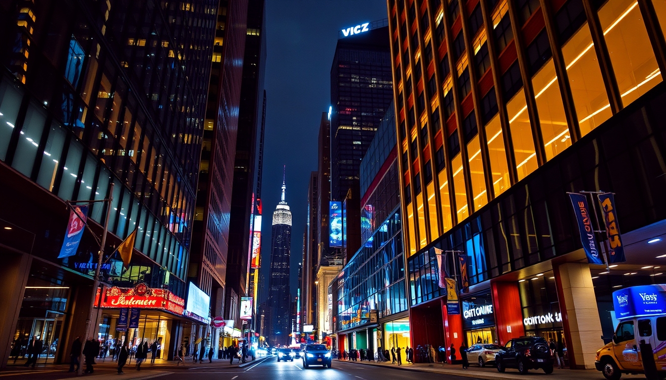 A vibrant city street at night, with reflections in the glass windows of skyscrapers.