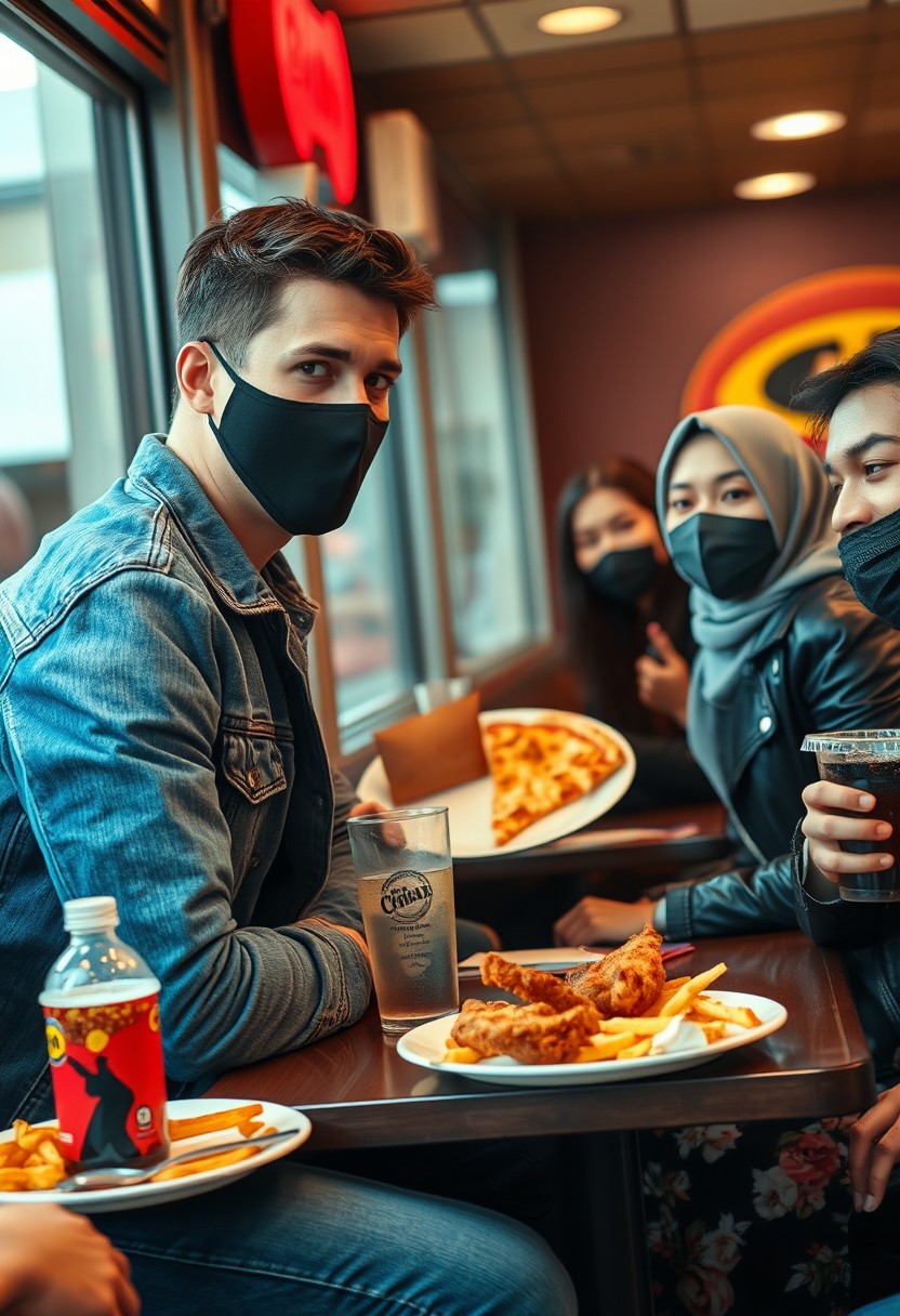 Jamie Dornan's head and body shot, handsome, young, black face mask, blue jeans jacket, jeans, dating a Muslim girl in a grey hijab with beautiful eyes, black face mask, black leather jacket, biggest floral skirt, at a fast food restaurant, plate of cheese pizza slices, plate of Korean fried chicken and fries, glass of soft drink, eating with three other random smiling friends, photorealistic, hyper-realistic, street photography.