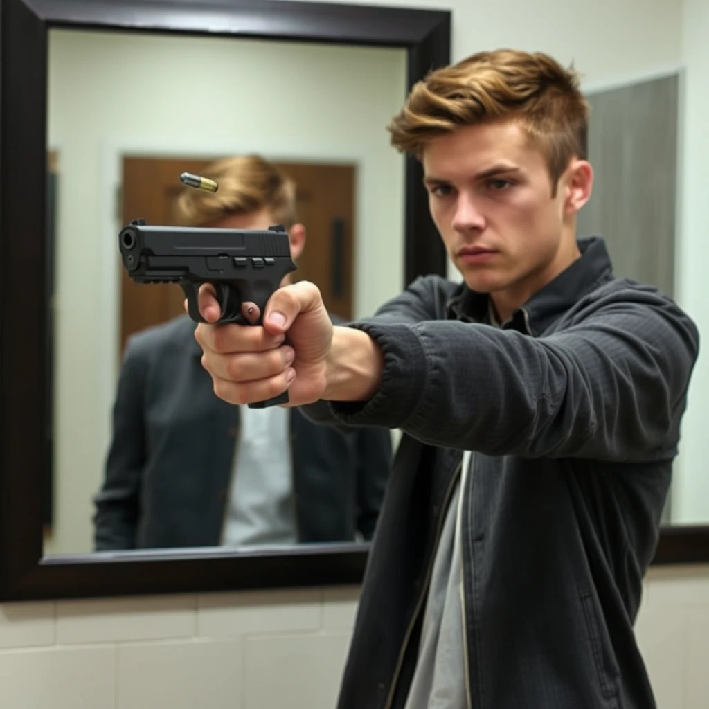 A young man is holding a handgun, standing in front of a large mirror. He fired, and the mirror was hit by a bullet.