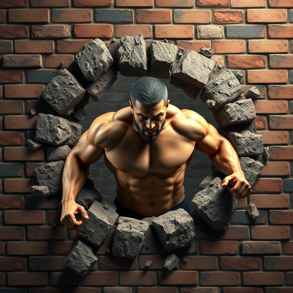 8k super high quality 3d image of a muscular man breaking through a brick wall - Image