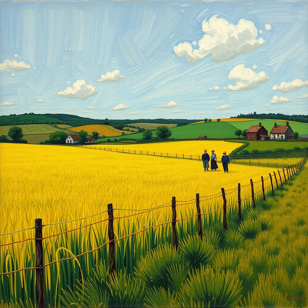 Van Gogh-style wheat field scene, peasants, fences, meadows, houses, brush strokes. - Image