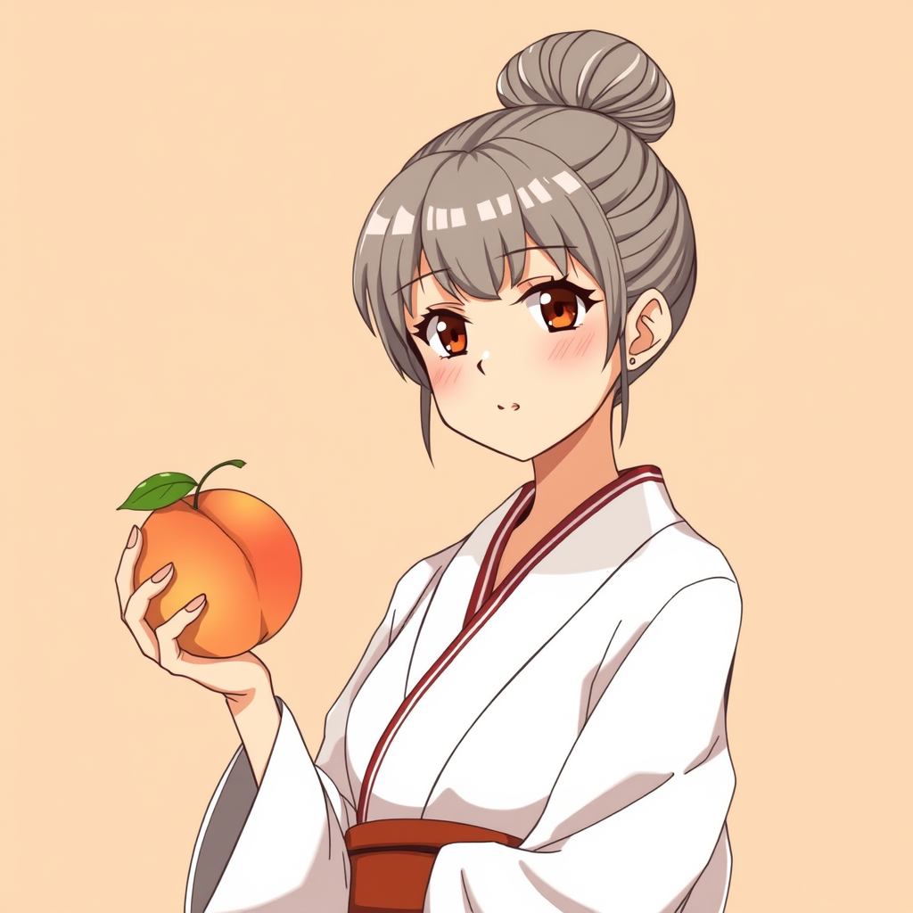 In an anime style, a short elderly woman with her hair up in a bun wearing a white kimono holding a peach. She has red eyes. - Image