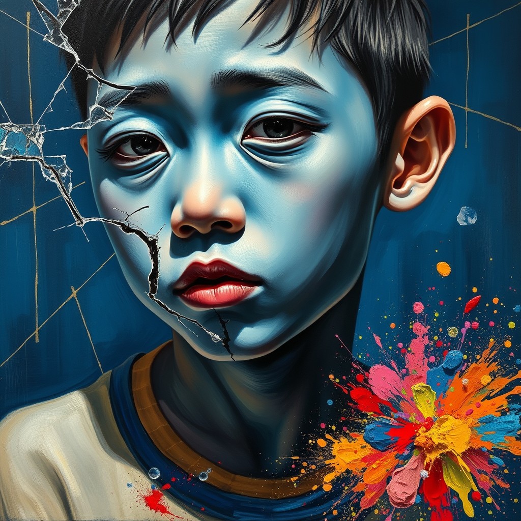 It's an oil painting in the style of Picasso, close up, a Chinese boy with blue skin and a broken face, surrounded by glass breakage and gold lines on a dark blue background, and a colorful explosion of the spillage of powder. - Image