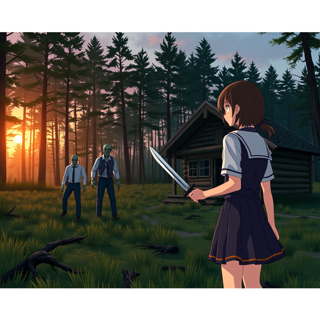 In the evening, in the forest, there is a wooden cabin, and not far away, a Japanese female student wearing a school uniform skirt is holding a dagger, looking at two zombies in the distance. The zombies are dressed. - Image