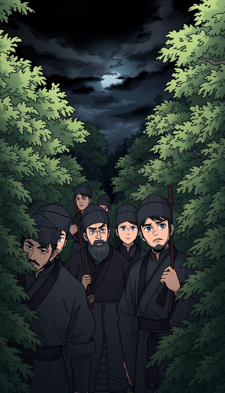 Soldiers are looking around in a thick forest, their expressions filled with confusion and tension. The surrounding trees are dense, and the paths are unclear. The sky has darkened, reflecting their predicament. The characters are all wearing Song Dynasty attire, illustrated in a manga style.