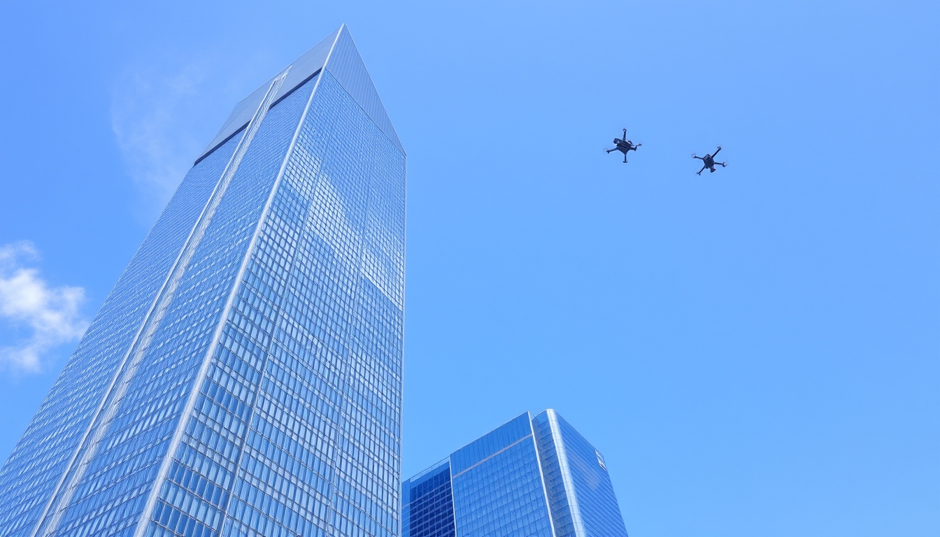 A towering skyscraper with sleek, reflective surfaces and innovative design elements, set against a clear blue sky with flying drones in the distance.