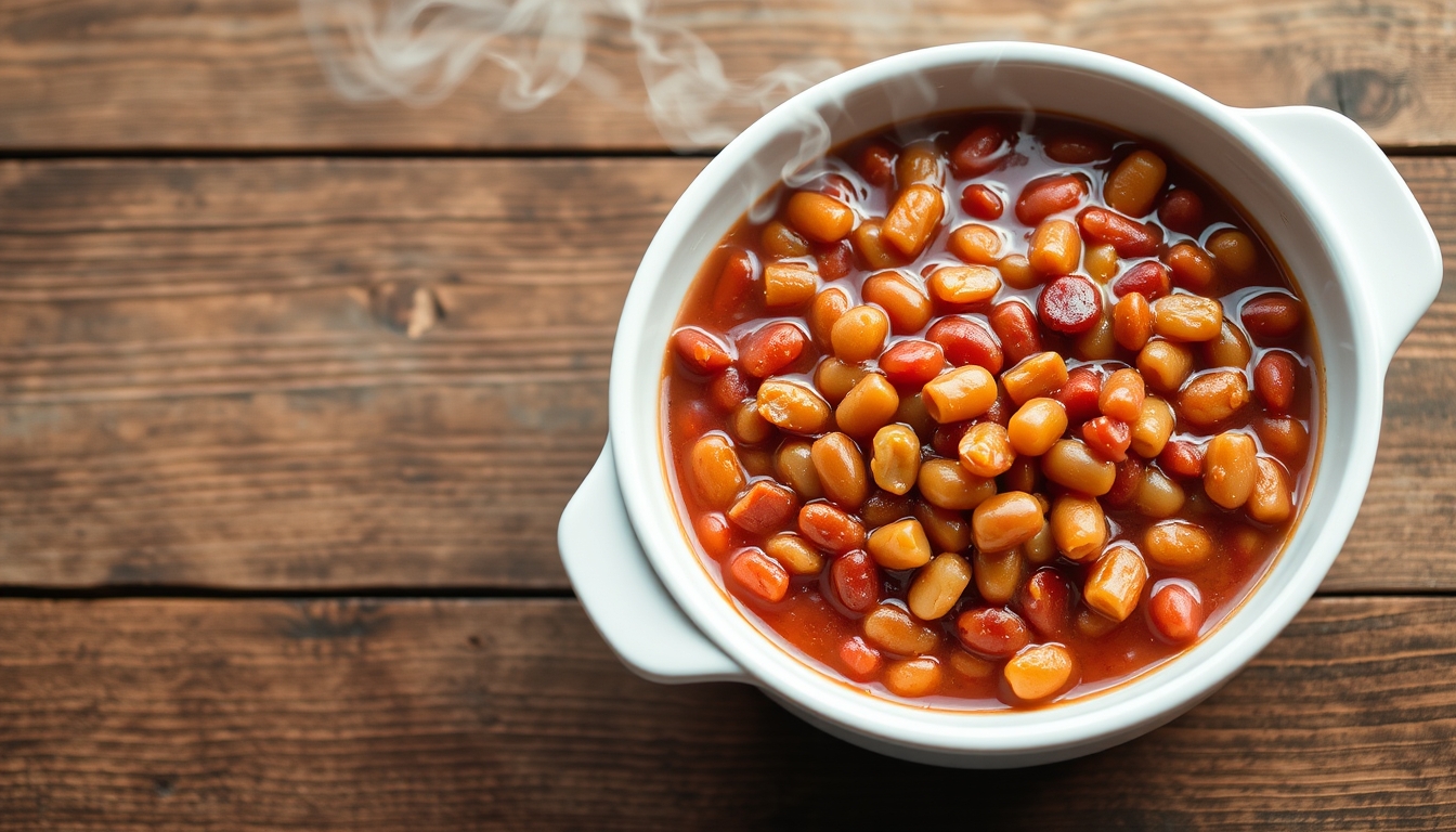 Steaming Hot Baked Beans in a White Dish on a Wooden Table