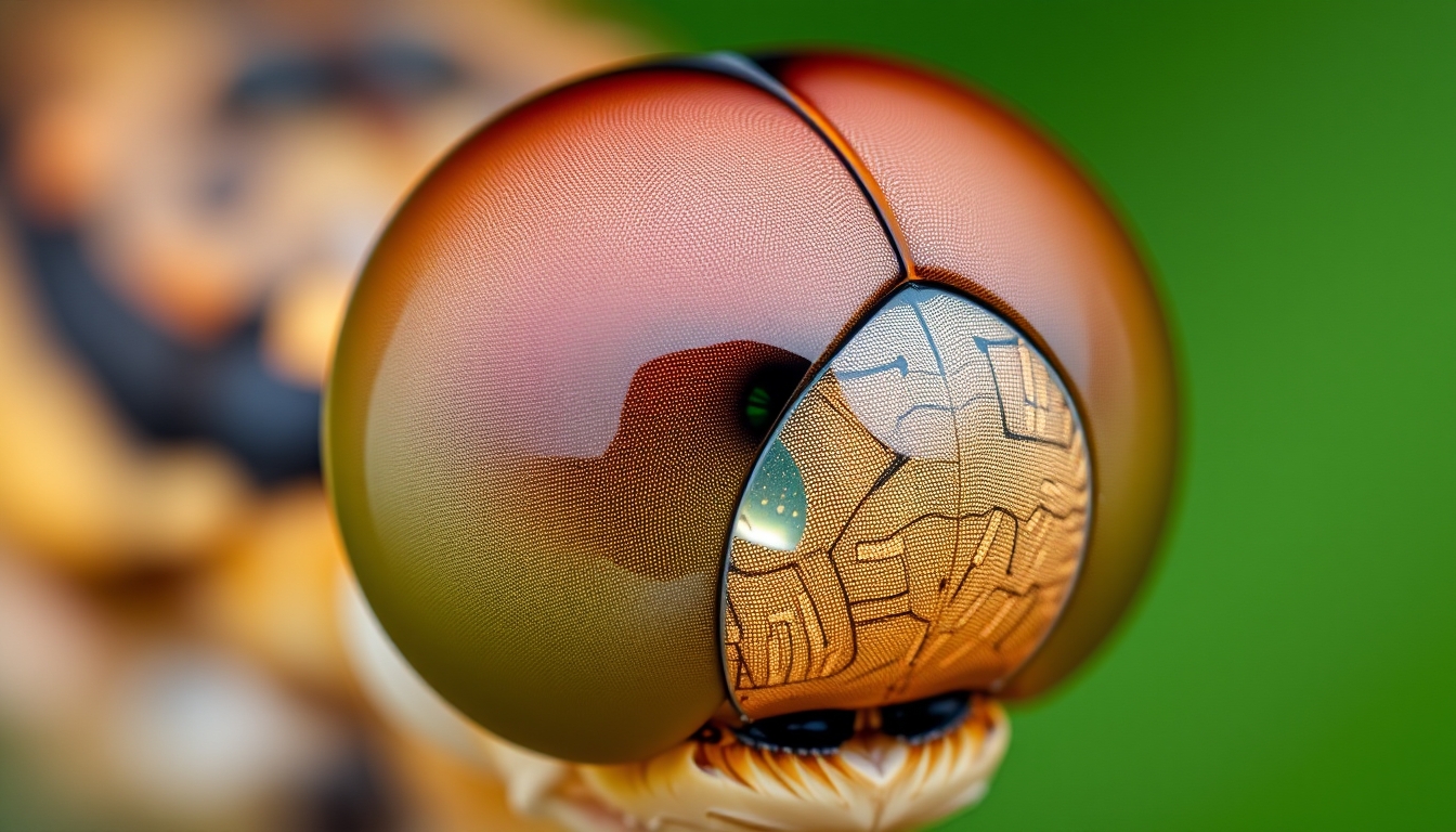 Ultra-detailed macro image of a dragonfly's compound eye, hundreds of perfectly aligned ommatidia visible, reflections of surrounding environment in each facet, shot on professional DSLR camera.