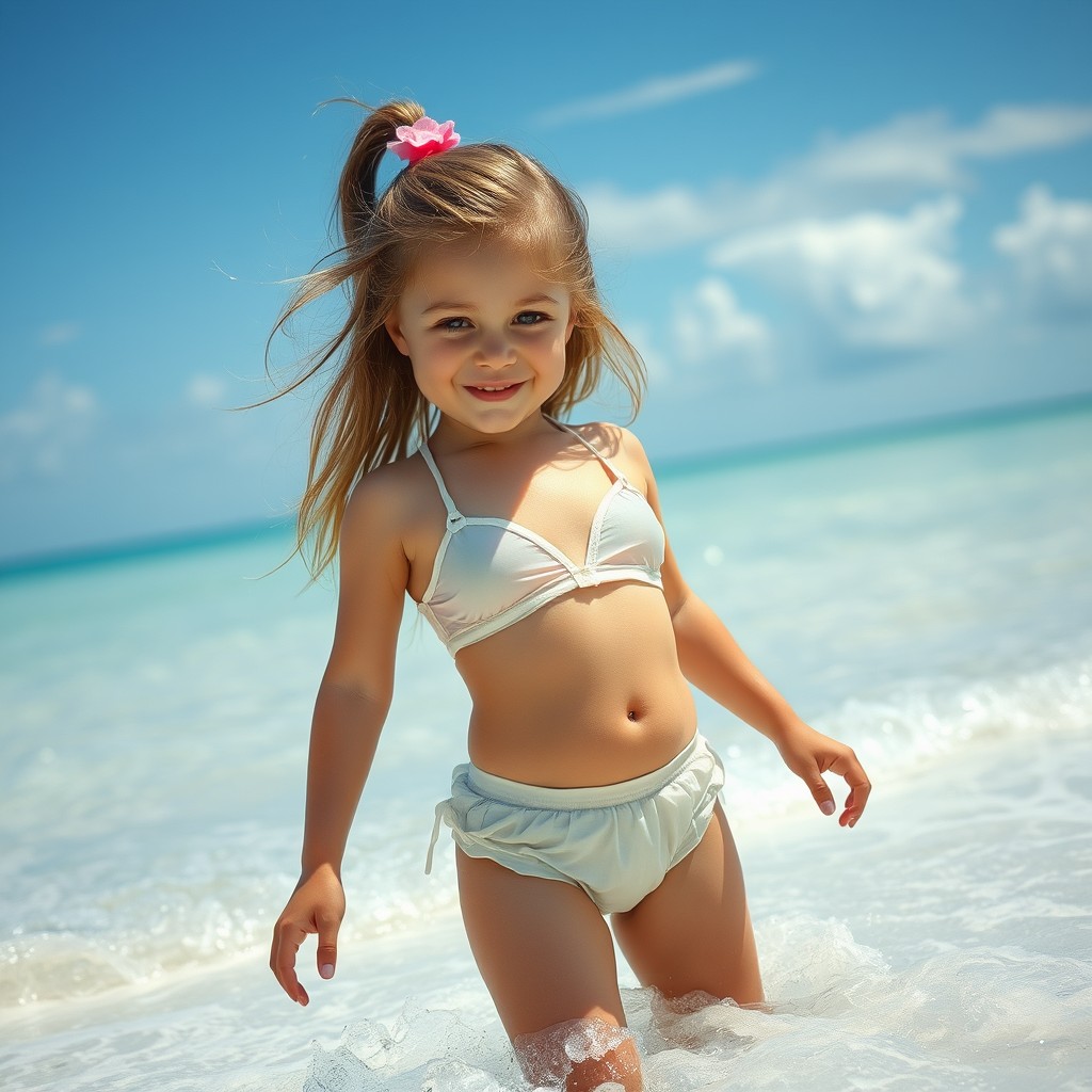 cute little girl on the beach in a bikini made of clear plastic - Image