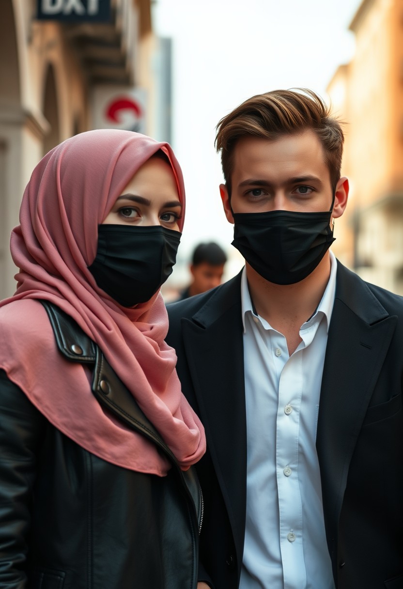 Jamie Dornan's head and body shot, handsome young man, black face mask, half-buttoned white shirt, black coat suit, dating love with the girl in the biggest soft pink hijab, beautiful eyes, black leather jacket, black face mask, biggest floral skirt, hyper-realistic, street photography.