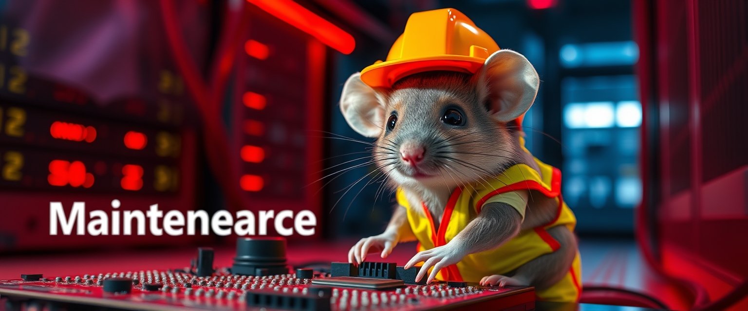 A small mouse with a hard hat and high visibility vest is repairing a circuit board; the mouse has a serious look in his eyes. The background shows a server room with only red emergency lighting, creating a red ambient light, with emergency lighting. (Text background saying "Maintenance"). - Image