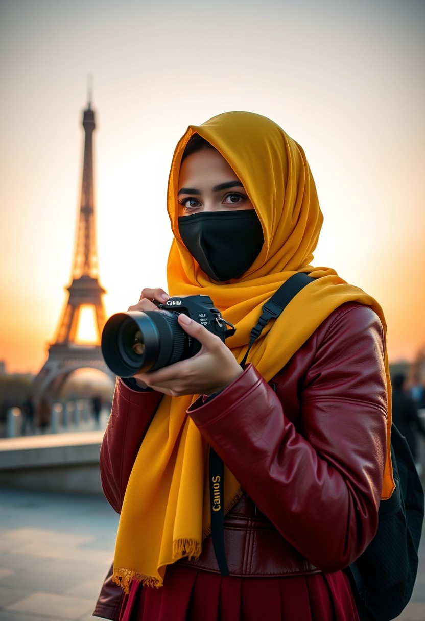 Biggest hijab yellow Muslim girl, beautiful eyes, face mask black, red leather jacket, biggest skirt, holding camera DSLR Canon, sunrise, morning scenery, Eiffel Tower, hyper-realistic, street photography. - Image