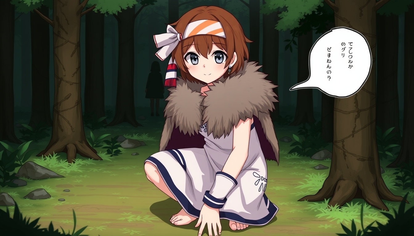 score_9, score_8_up, score_7_up, san, 1girl, full body, squatting, solo, short hair, brown hair, gray eyes, headband, face paint, earrings, white sleeveless top, navy under dress, arm cuffs, fur headdress, fur cape, light-skinned female, female focus, looking at viewer, smiling, forest, (blush:1.1)