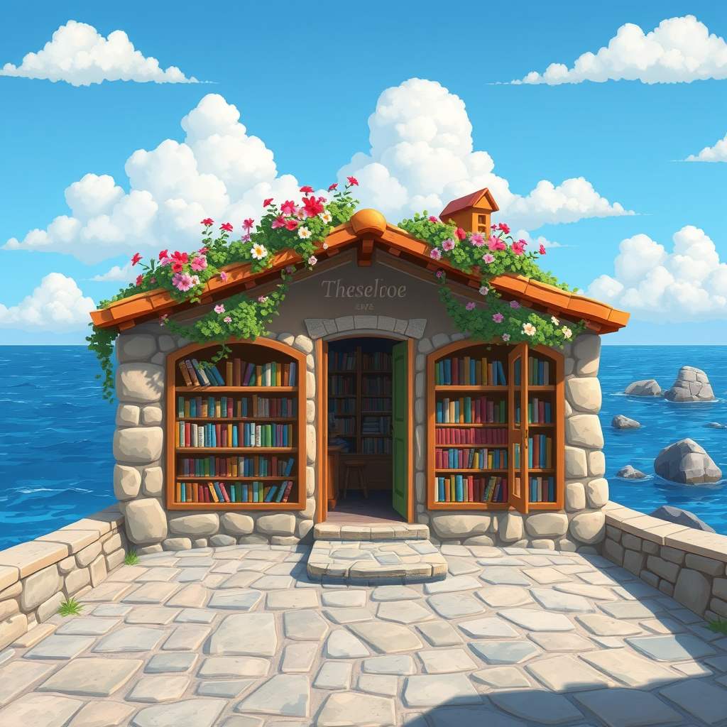 A book store beside the sea, with stone streets, flowers on the roof, books on the shelves, doors open, cartoon style, blue sky, white clouds, you can see stones in the sea far away. Camera shot on Sony A7. Cartoon semi-real style.