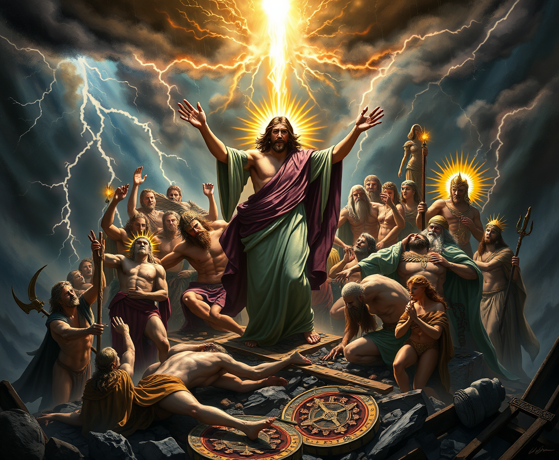 {
  "prompt": "Jesus punishing all the gods of Olympus",
  "style": "Epic and dramatic",
  "color_scheme": "Dark and ominous with flashes of divine light",
  "composition": "Jesus in the center, surrounded by the gods of Olympus in various states of defeat",
  "subjects": "Jesus, Zeus, Hera, Poseidon, Hades, Athena, Apollo, and other Olympian gods",
  "background": "Stormy sky with lightning, Olympus in ruins",
  "lighting": "High contrast with divine light from Jesus, casting shadows on the gods",
  "mood": "Powerful, vengeful, and dramatic",
  "reference_images": 
  "resolution": "1920x1080"
}