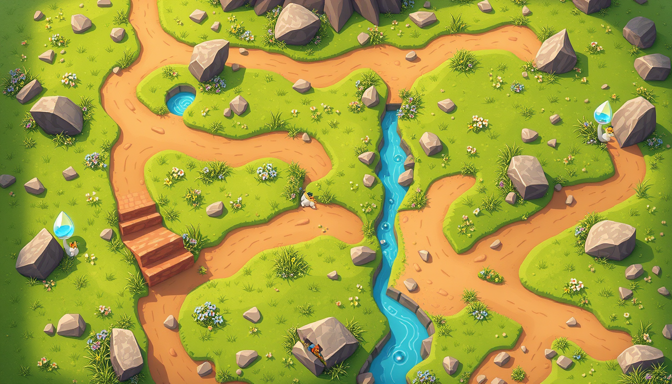 A stylized game map in a vibrant cartoon style, featuring lush green grasslands and small scattered rocks. The map is filled with playful details, such as winding dirt paths that lead to hidden glades, clusters of colorful wildflowers, and tiny streams that wind through the landscape. Scattered throughout the map are whimsical elements like oversized mushrooms, sparkling magical stones, and patches of tall grass that sway gently in the wind. The overall design is lively and engaging, with a focus on creating an inviting, adventure-filled environment. The map is full of hidden surprises, with small, animated creatures like rabbits and birds peeking out from behind rocks and bushes, adding a layer of charm and fun to the scene. - Image