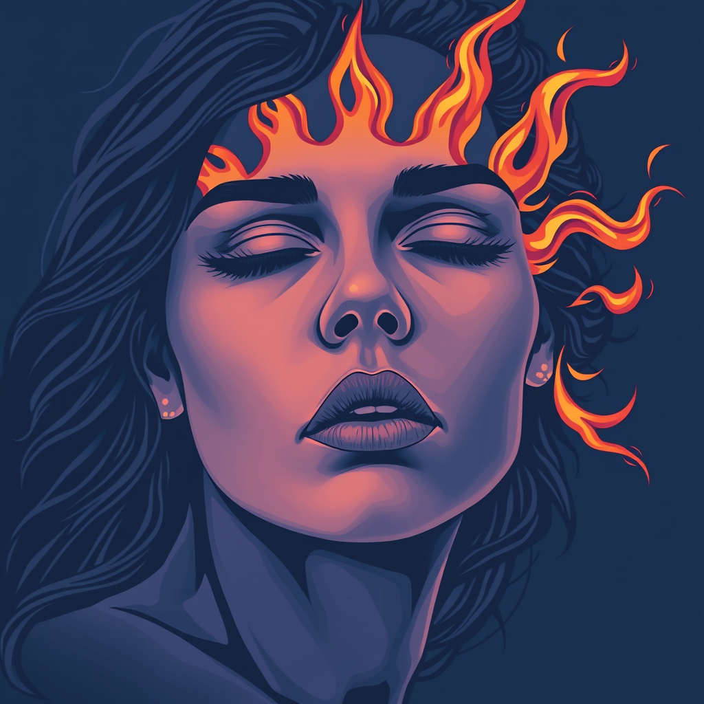 A tee shirt design of a close-up of a woman's face, inspired by the sun, so something that feels passionate with whipping flames accenting, but otherwise, a cool, almost sad color palette. Like deep blue with maybe a little purple, but this whole design should look soulful. Like a deep, passionate, soulful embodiment of the sun.